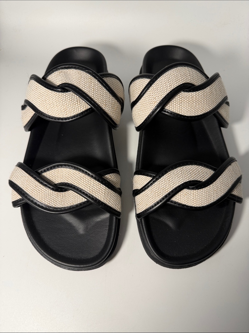 Greyson Double strap Black & Cream Canvas Slide Sandals Sz 6.5 NWOT